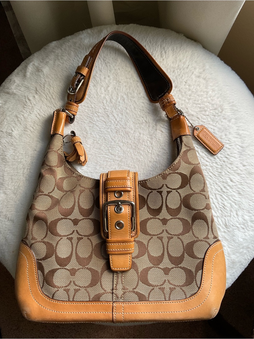 Coach Brown/Tan Signature Canvas Shoulder Bag with Buckle